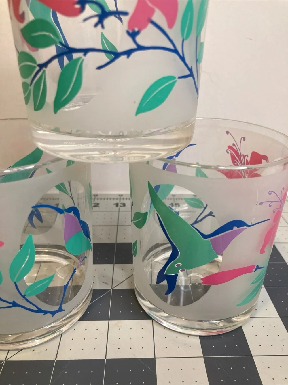 6-Vintage H. J. STOTTER Hummingbirds Floral Acrylic Tumblers Glasses USA MCM